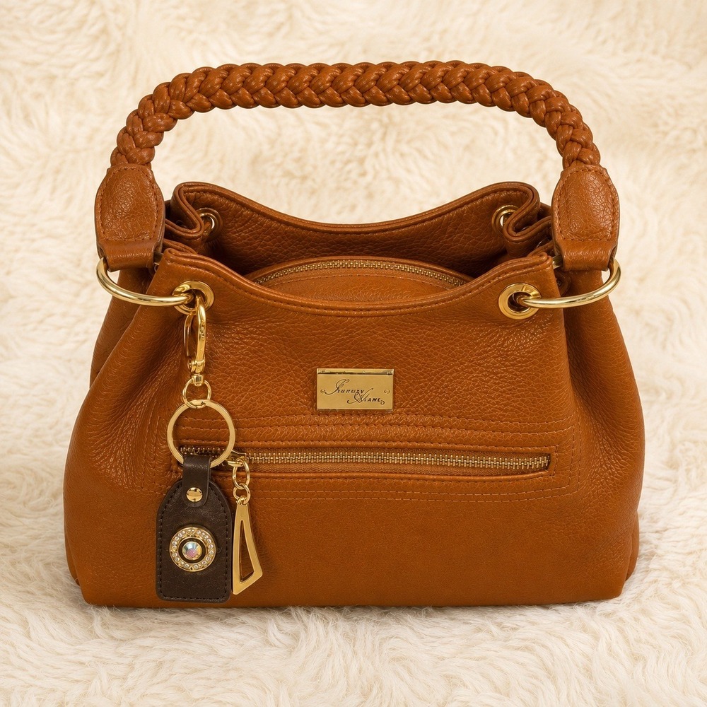Isabella Adams Cognac Pebbled Leather Braided Handle Drawstring Bucket Bag Y2K